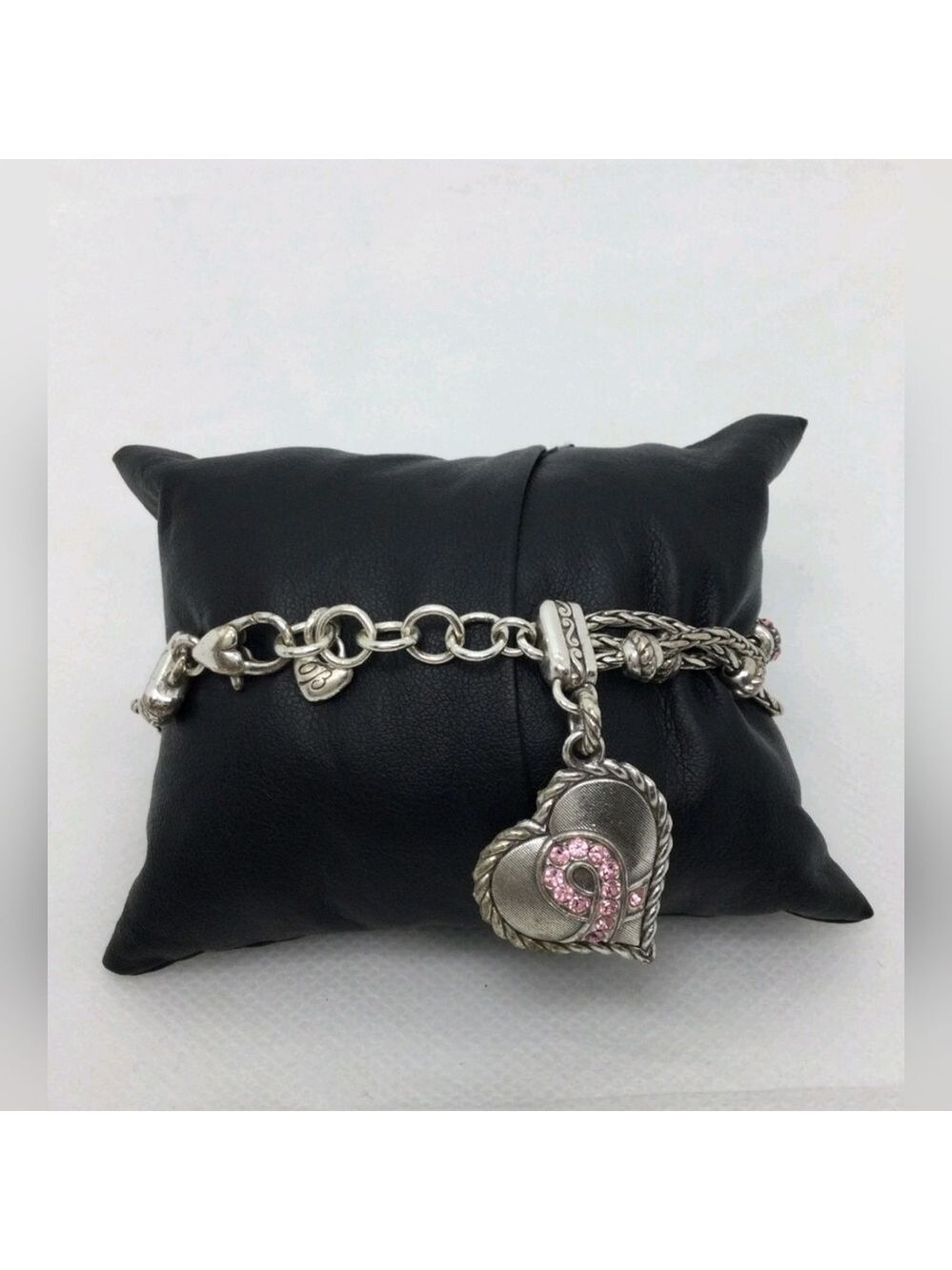 Brighton Breast Cancer Awareness Heart Charm Multi Strand Bracelet EUC 7"